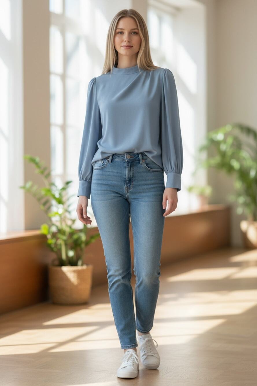 HALARA Top Size S NEW Light Blue Puff Sleeve Long Sleeve Blouse